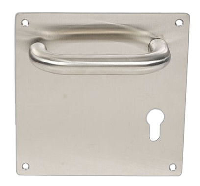 PLACA 15 X15 CON MANILLA 810 INOX 304 Y PERFORACION LLAVE SEGURIDAD IZQUIERDA